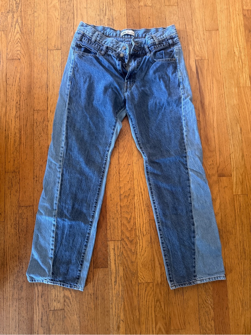 Zara Two-Tone Blue Straight Jeans split boyfriend